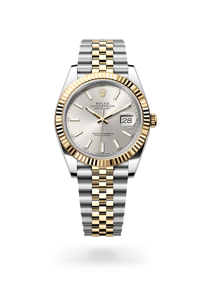 Rolex Datejust 41 in yellow Rolesor with silver sunray dial, fluted yellow gold bezel and Jubilee bracelet