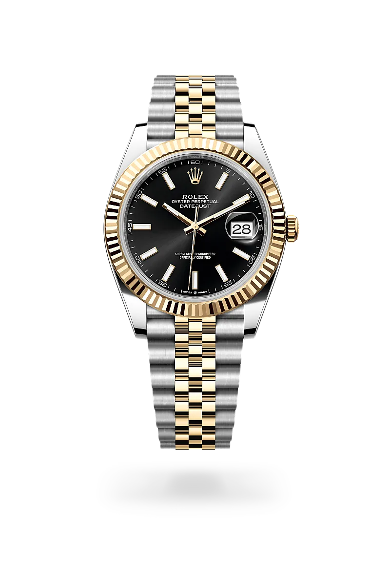 Rolex Datejust 41 in yellow Rolesor with bright black sunray dial, fluted yellow gold bezel and Jubilee bracelet