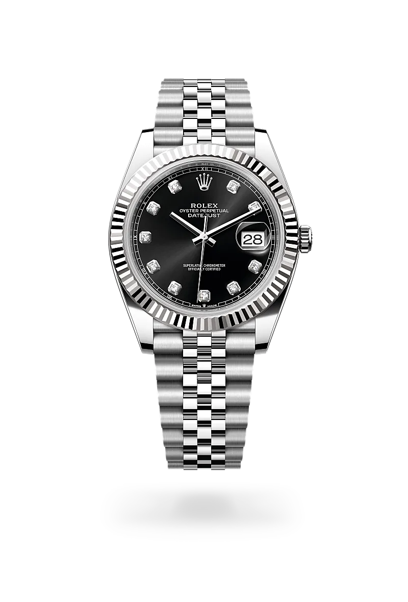 Rolex Datejust 41 in white Rolesor with bright black dial, fluted white gold bezel, diamond hour markers and Jubilee bracelet