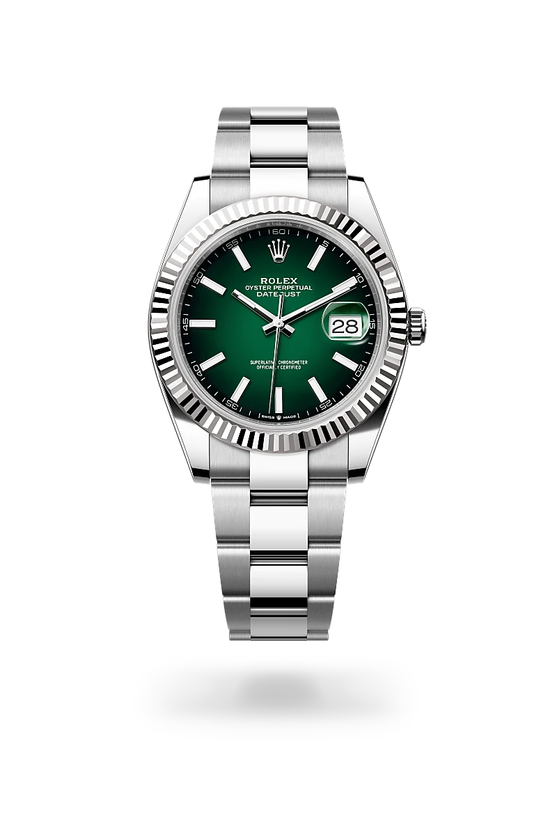Rolex Datejust 41 in white Rolesor with green dial, index hour markers, fluted white gold bezel and Oyster bracelet