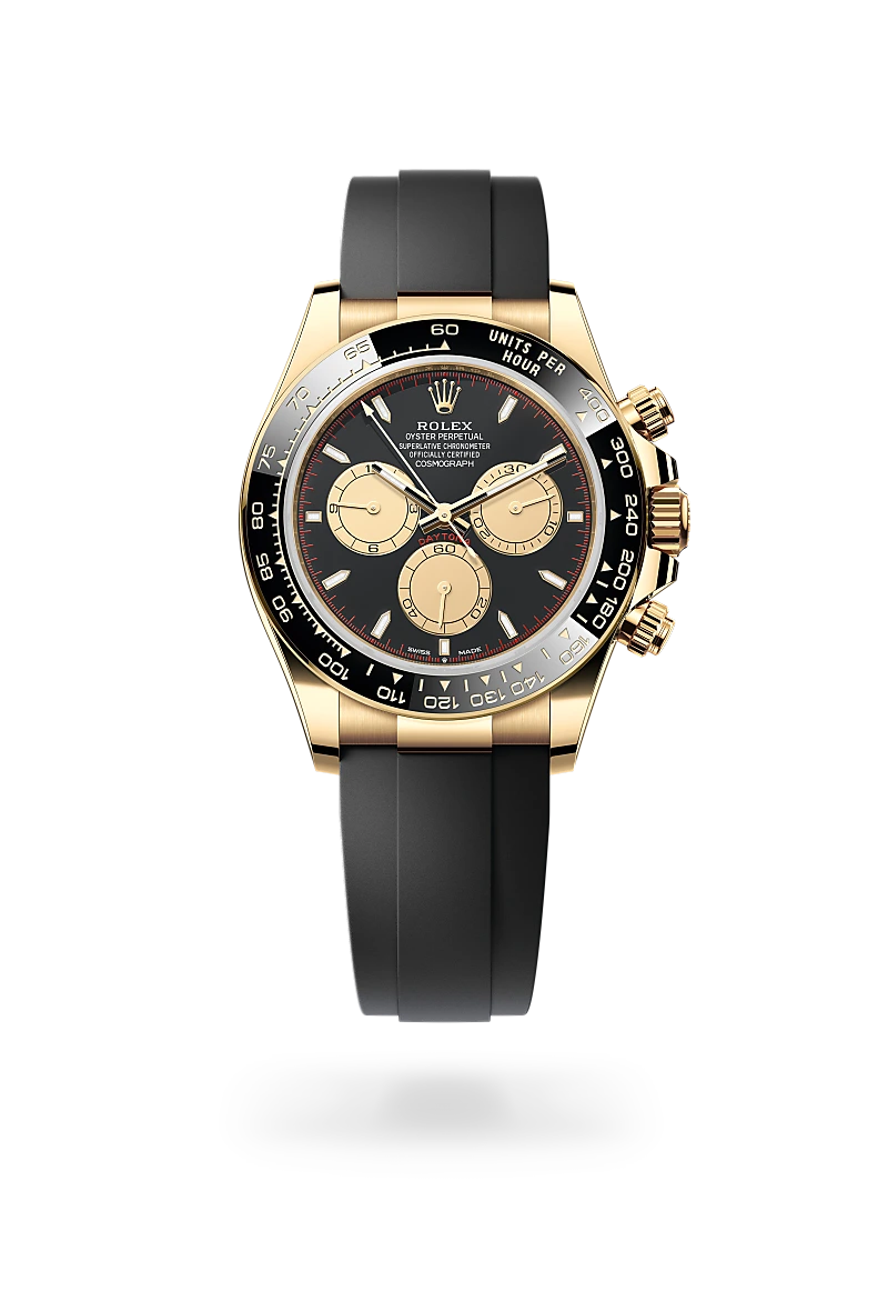 Rolex Cosmograph Daytona in 18 ct yellow gold with black dial, champagne subdials, black Cerachrom tachymeter bezel and Oysterflex bracelet