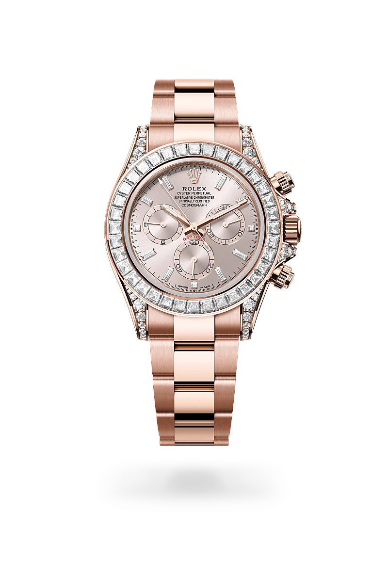 rolex cosmograph daytona in 18 ct everose gold with lugs set with diamonds, m126595tbr-0001 - dafc