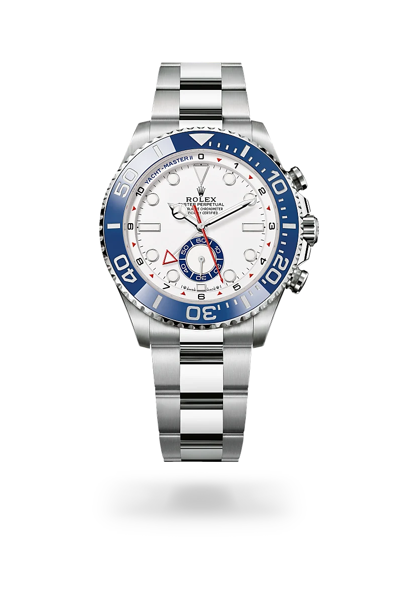 Rolex Yacht-Master II in Oystersteel with white dial, regatta countdown function, blue Cerachrom bezel and Oyster bracelet