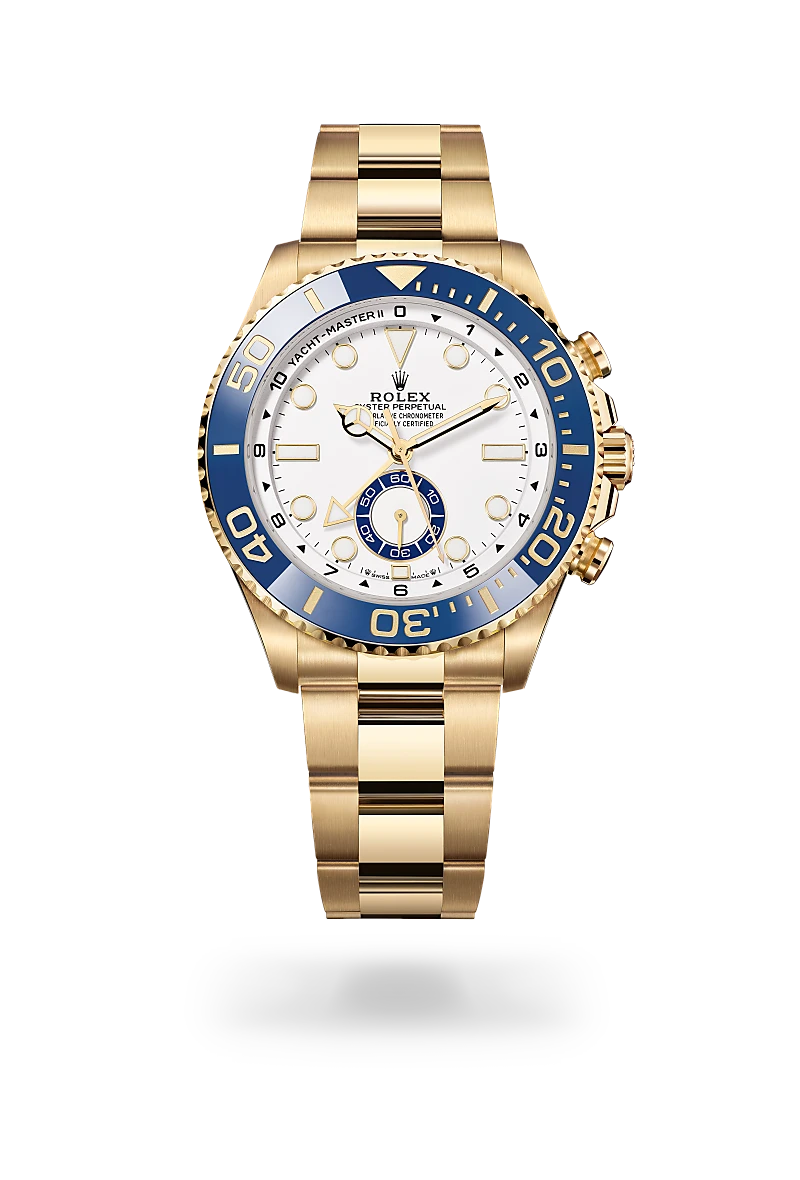 Rolex Yacht-Master II in 18 ct yellow gold with white dial, regatta countdown function, blue Cerachrom bezel and Oyster bracelet