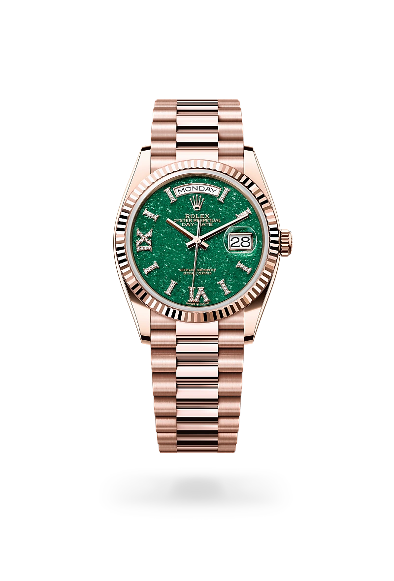 rolex day-date in 18 ct everose gold, m128235-0068 - dafc