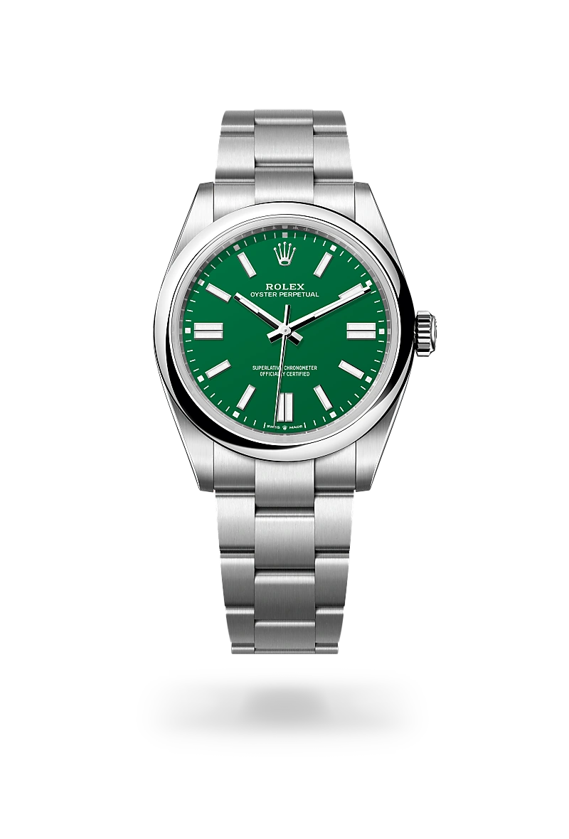 Rolex Oyster Perpetual 41 in Oystersteel with green lacquer dial, domed bezel and Oyster bracelet