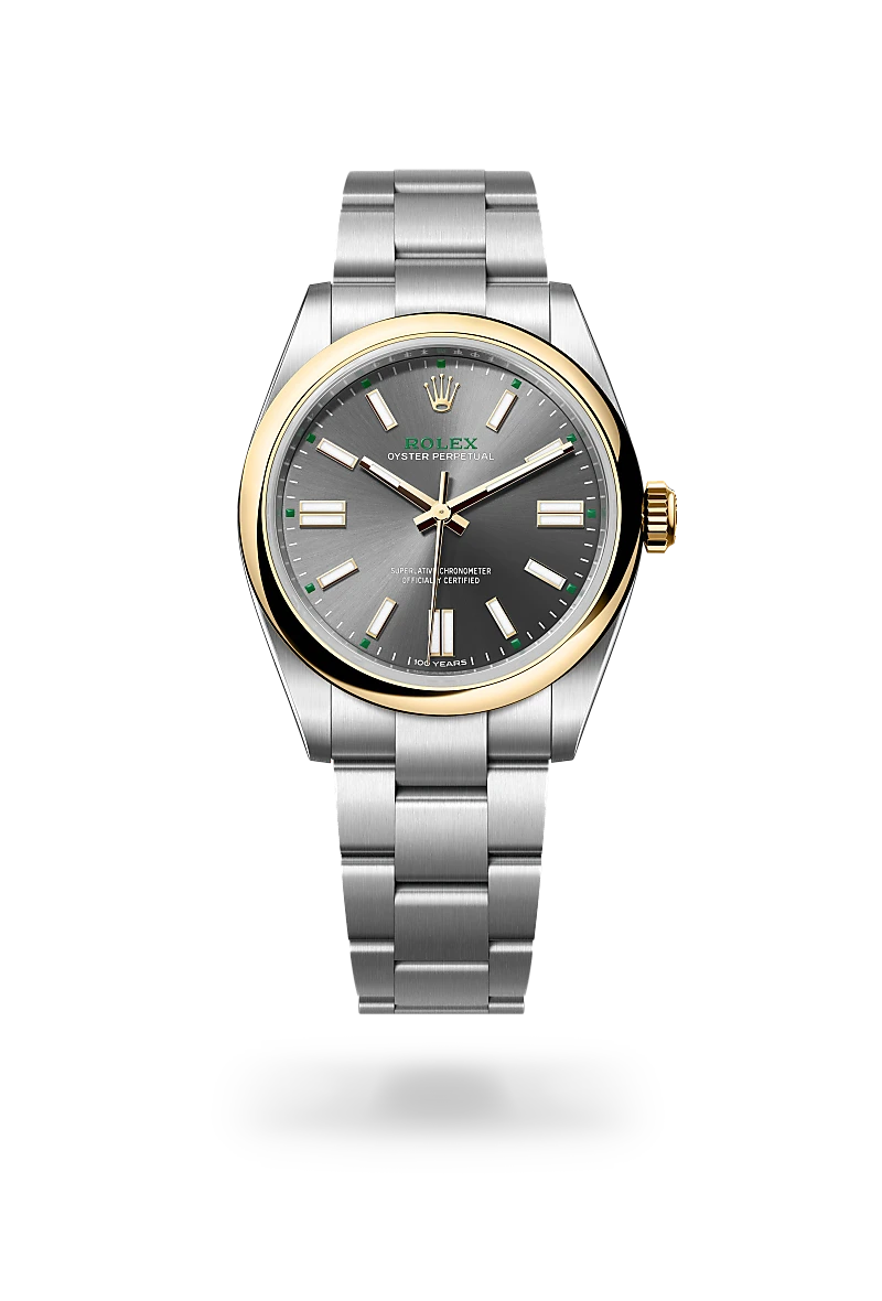 Rolex Oyster Perpetual 41 in yellow Rolesor with slate dial, green accents, domed yellow gold bezel and Oyster bracelet