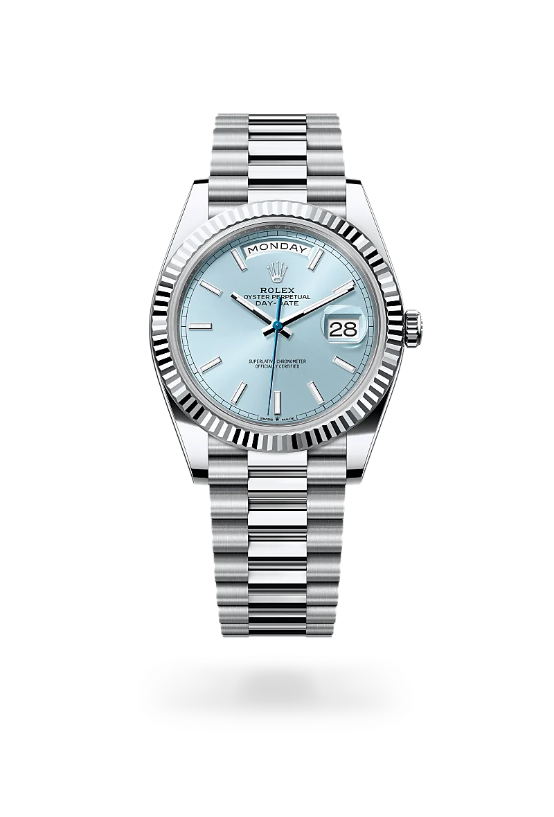 Rolex Day-Date 40 in platinum with ice blue dial, index hour markers, fluted platinum bezel and President bracelet