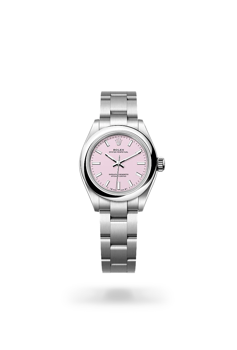 Rolex Oyster Perpetual 28 in Oystersteel with pink lacquer dial, domed bezel and Oyster bracelet