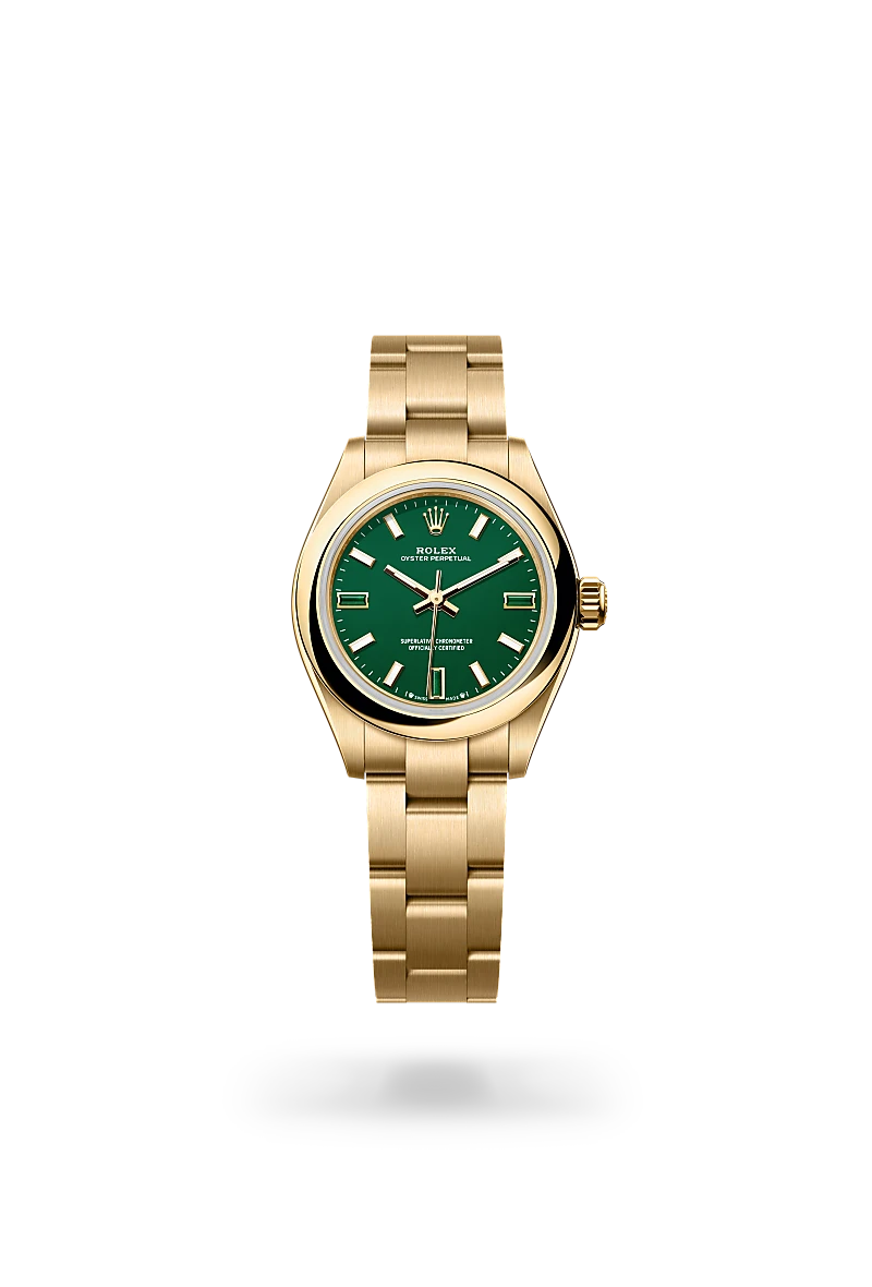 Rolex Oyster Perpetual 28 in 18 ct yellow gold with green stone dial, domed bezel and Oyster bracelet
