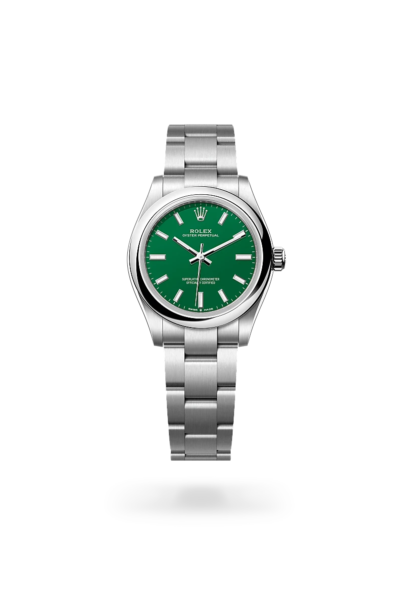 Rolex Oyster Perpetual 31 in Oystersteel with green lacquer dial, domed bezel and Oyster bracelet