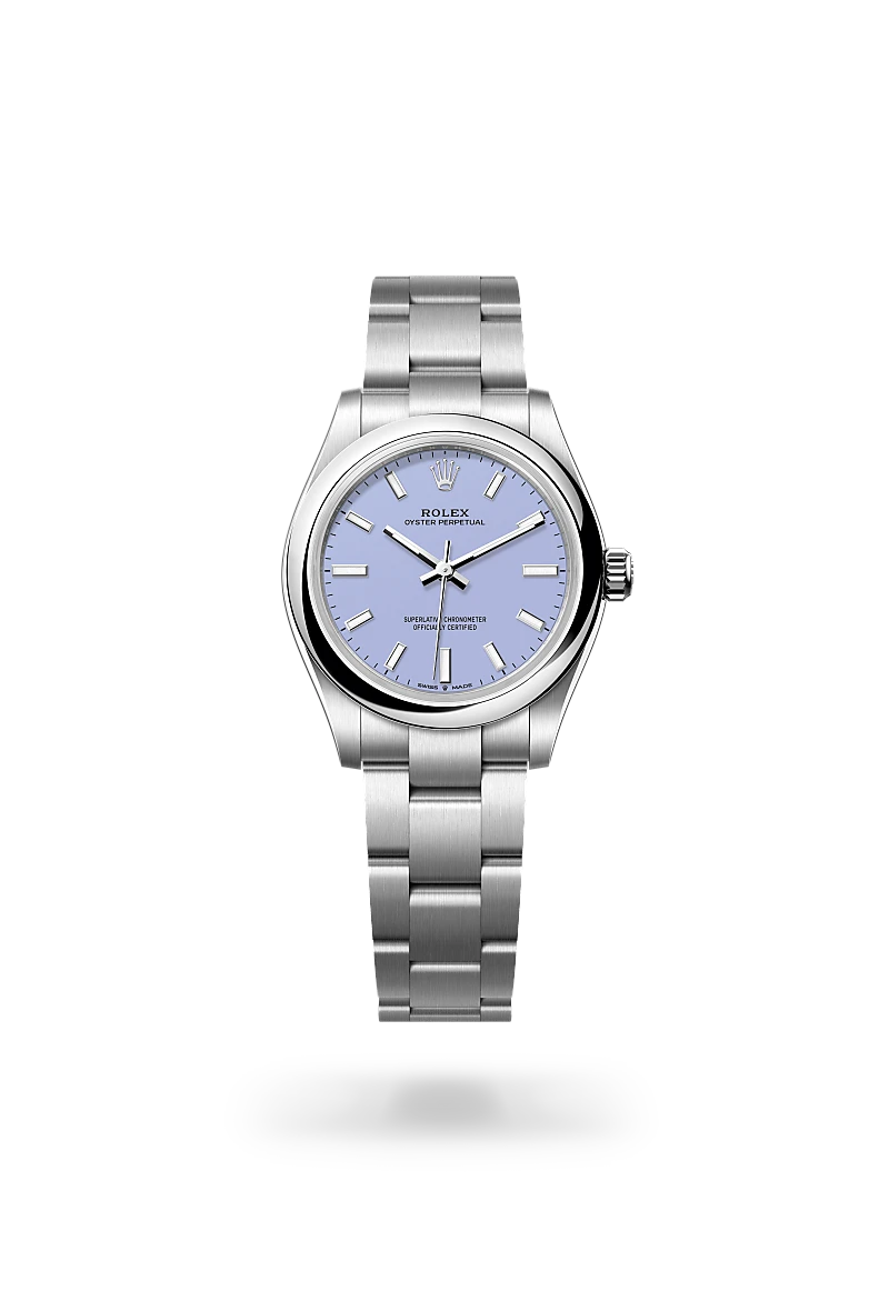 Rolex Oyster Perpetual 31 in Oystersteel with lavender lacquer dial, domed bezel and Oyster bracelet