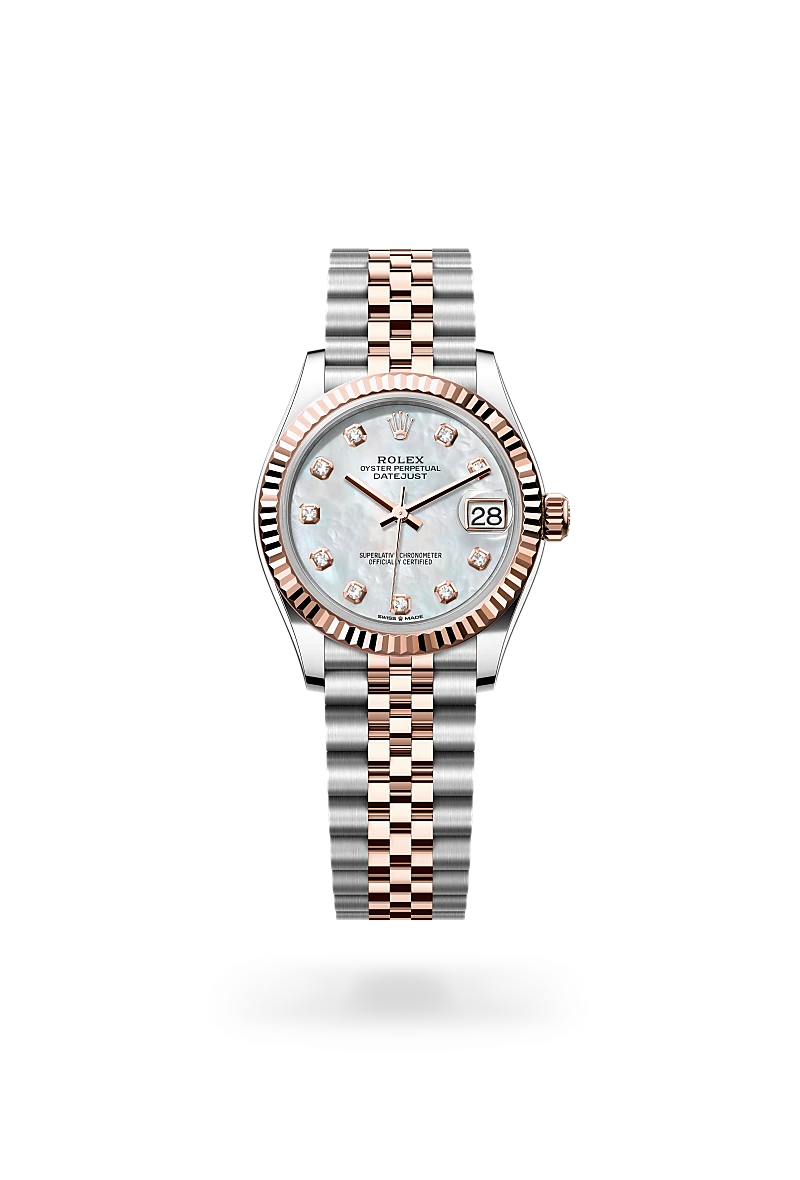 Rolex Datejust 31 in Everose Rolesor with white mother-of-pearl dial, fluted Everose gold bezel, diamond hour markers and Jubilee bracelet