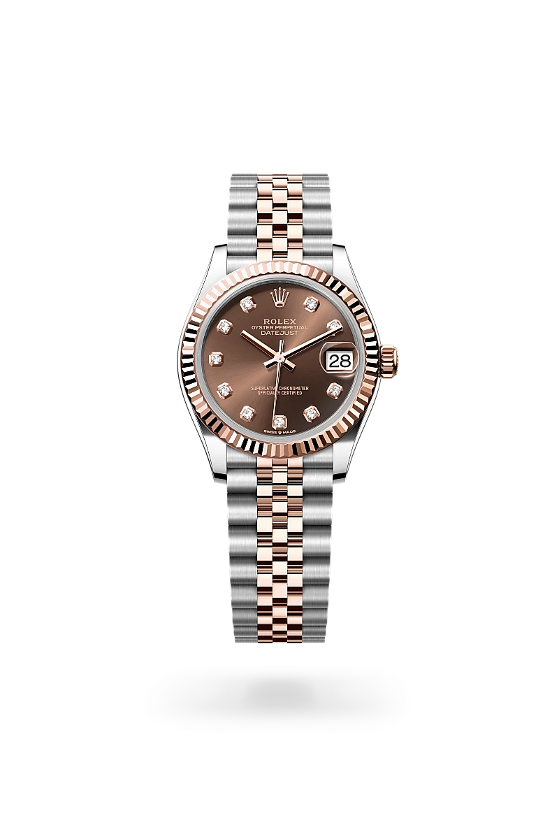 Rolex Datejust 31 in Everose Rolesor with chocolate dial, fluted Everose gold bezel, diamond hour markers and Jubilee bracelet