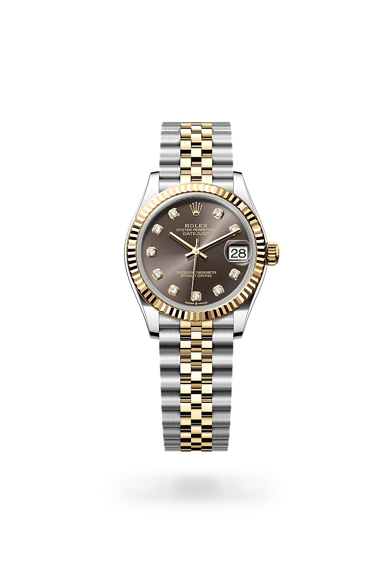 Rolex Datejust 31 in yellow Rolesor with dark grey dial, fluted yellow gold bezel, diamond hour markers and Jubilee bracelet