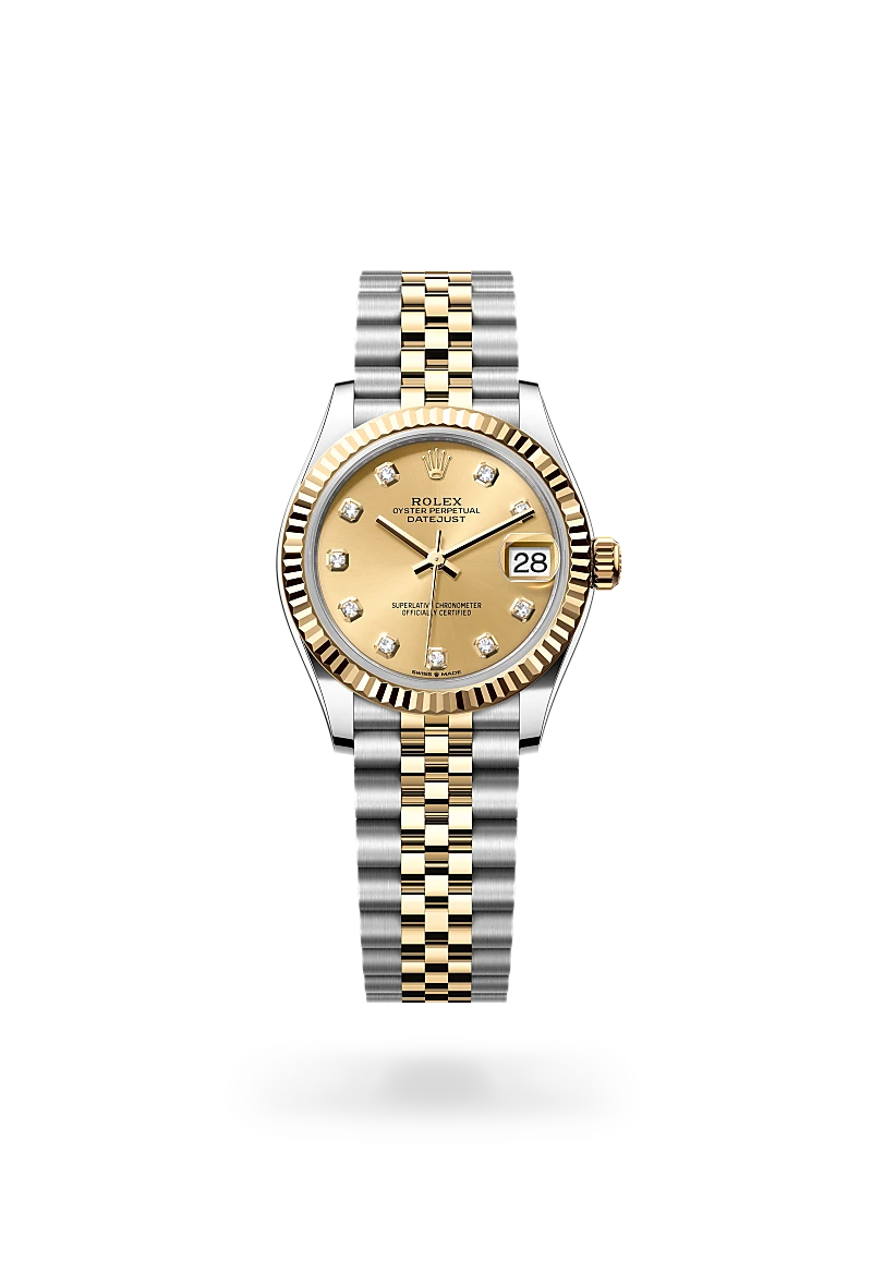 Rolex Datejust 31 in yellow Rolesor with champagne-colour dial, fluted yellow gold bezel, diamond hour markers and Jubilee bracelet