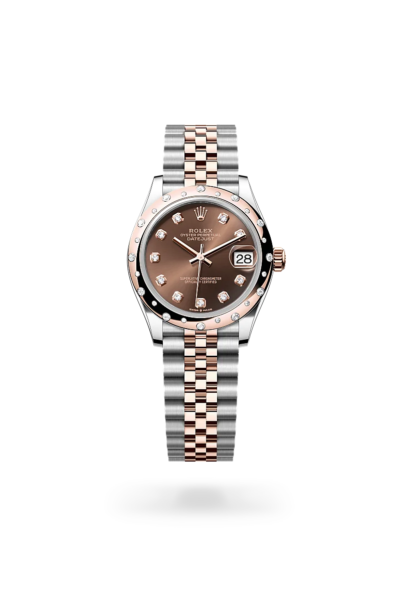 Rolex Datejust 31 in Everose Rolesor with chocolate dial, diamond-set domed bezel, diamond hour markers and Jubilee bracelet