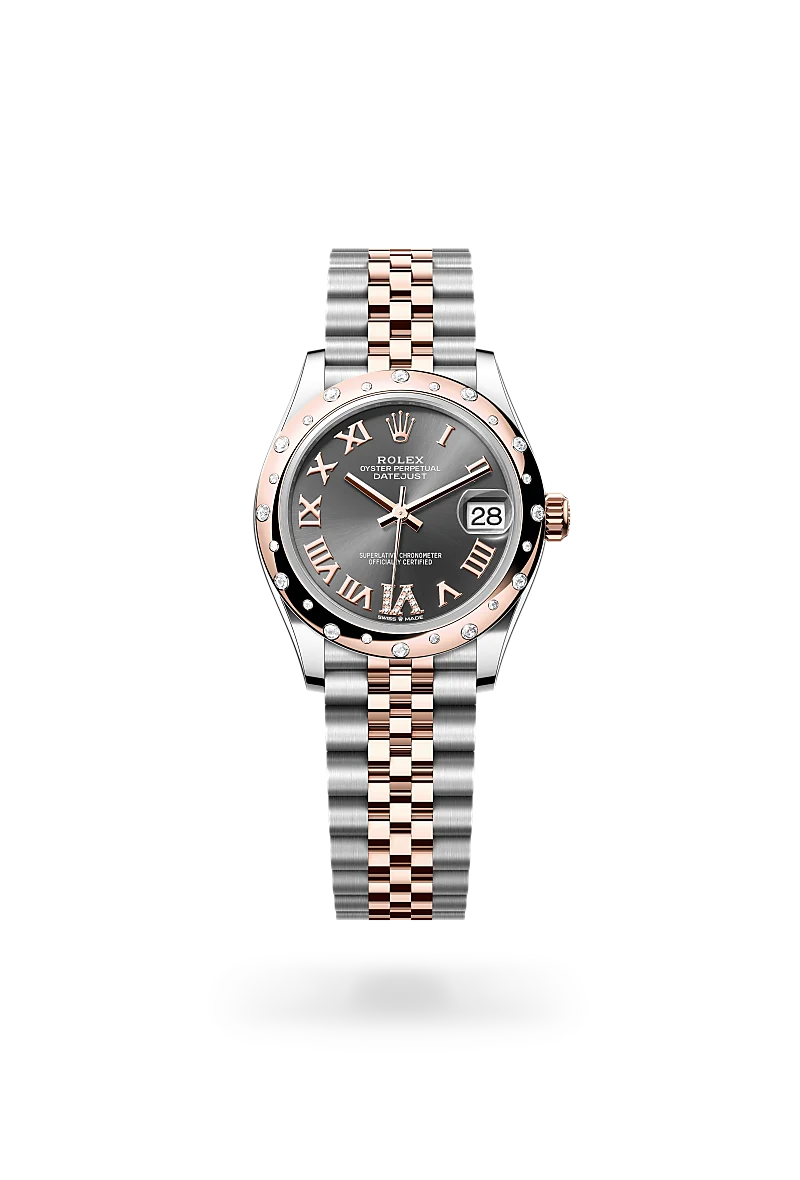 Rolex Datejust 31 in Everose Rolesor with slate dial, diamond-set domed bezel, diamond VI marker and Jubilee bracelet