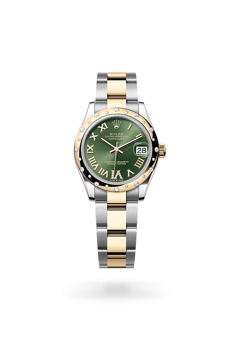 Rolex Datejust 31 in yellow Rolesor with olive green dial, Roman numeral markers, diamond-set VI, scattered diamond bezel and Oyster bracelet