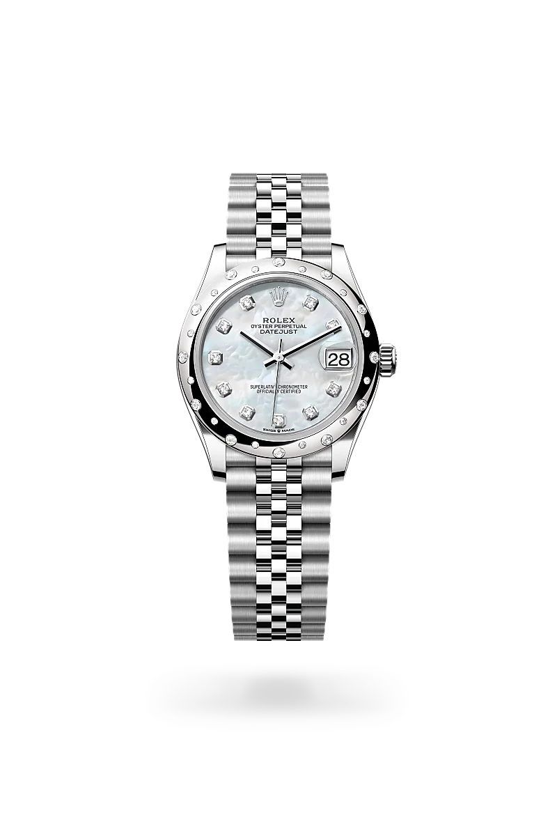 Rolex Datejust 31 in white Rolesor with white mother-of-pearl dial, diamond-set domed bezel, diamond hour markers and Jubilee bracelet