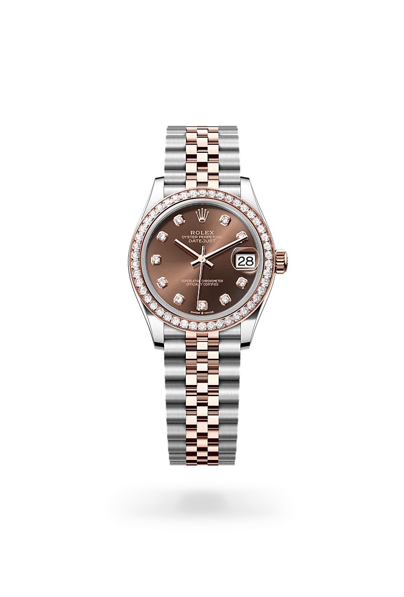 Rolex Datejust 31 in Everose Rolesor with chocolate dial, diamond-set bezel, diamond hour markers and Jubilee bracelet