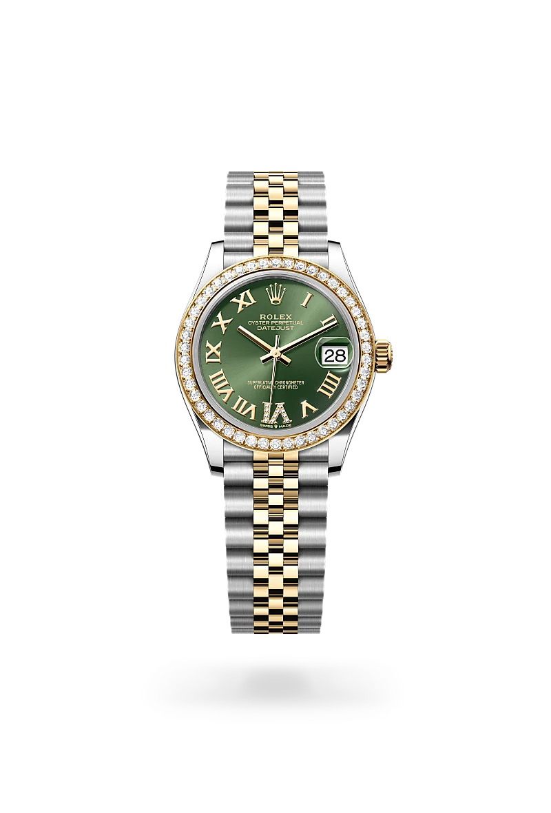 Rolex Datejust 31 in yellow Rolesor with olive green dial, diamond-set bezel, diamond VI marker and Jubilee bracelet