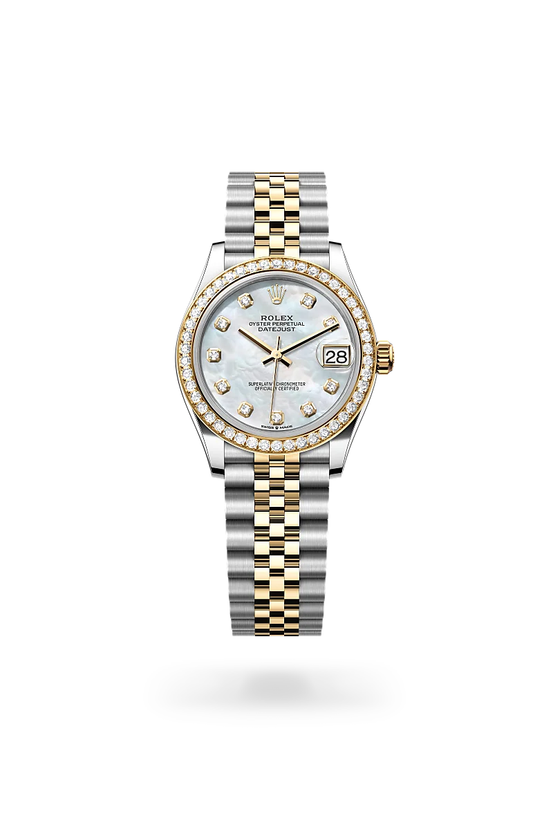 Rolex Datejust 31 in yellow Rolesor with white mother-of-pearl dial, diamond-set bezel, diamond hour markers and Jubilee bracelet