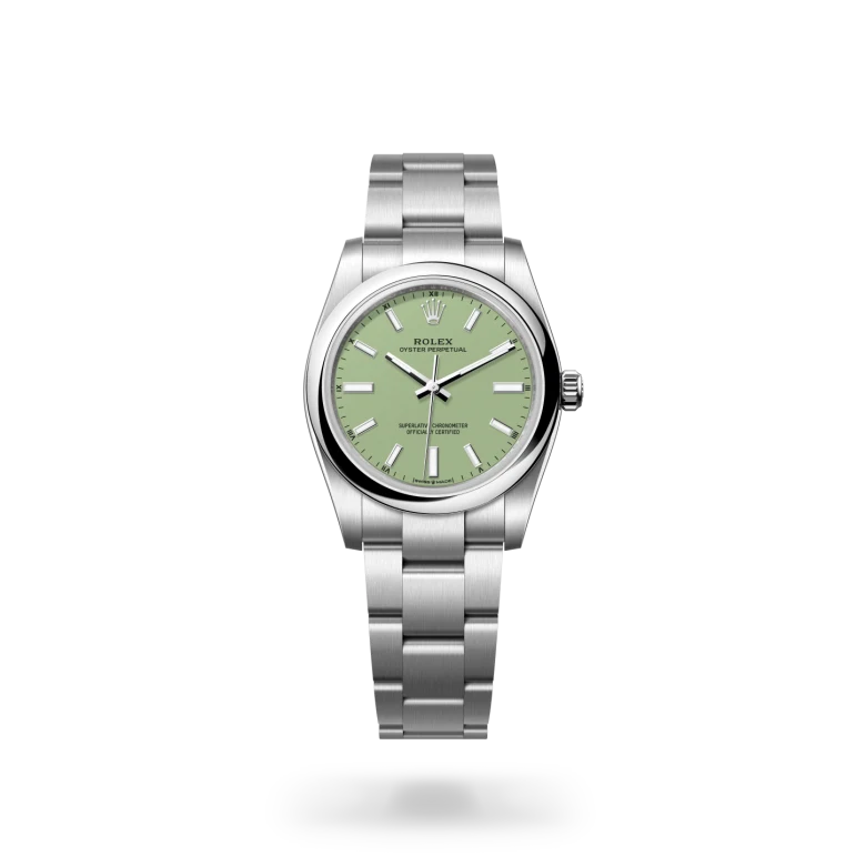 Rolex Oyster Perpetual 34 in Oystersteel with pistachio lacquer dial, domed bezel and Oyster bracelet
