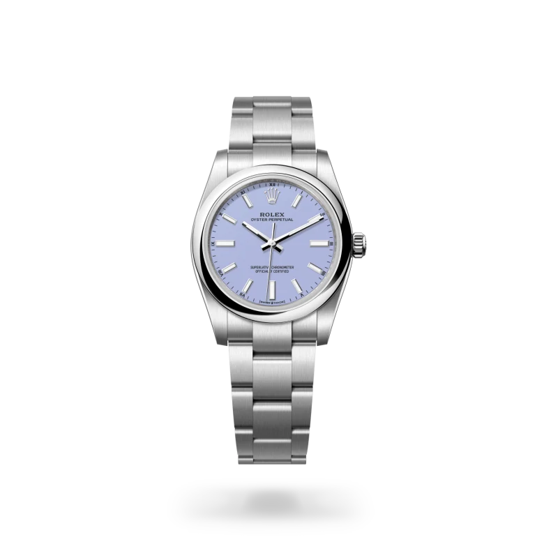 Rolex Oyster Perpetual 34 in Oystersteel with lavender lacquer dial, domed bezel and Oyster bracelet