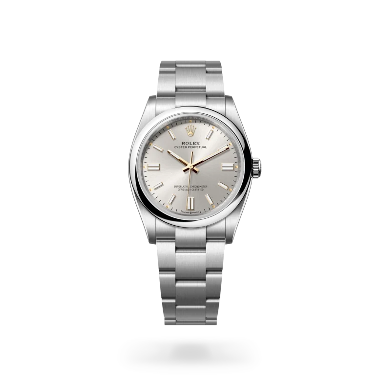Rolex Oyster Perpetual 36 in Oystersteel with silver sunray dial, domed bezel and Oyster bracelet with Oysterclasp