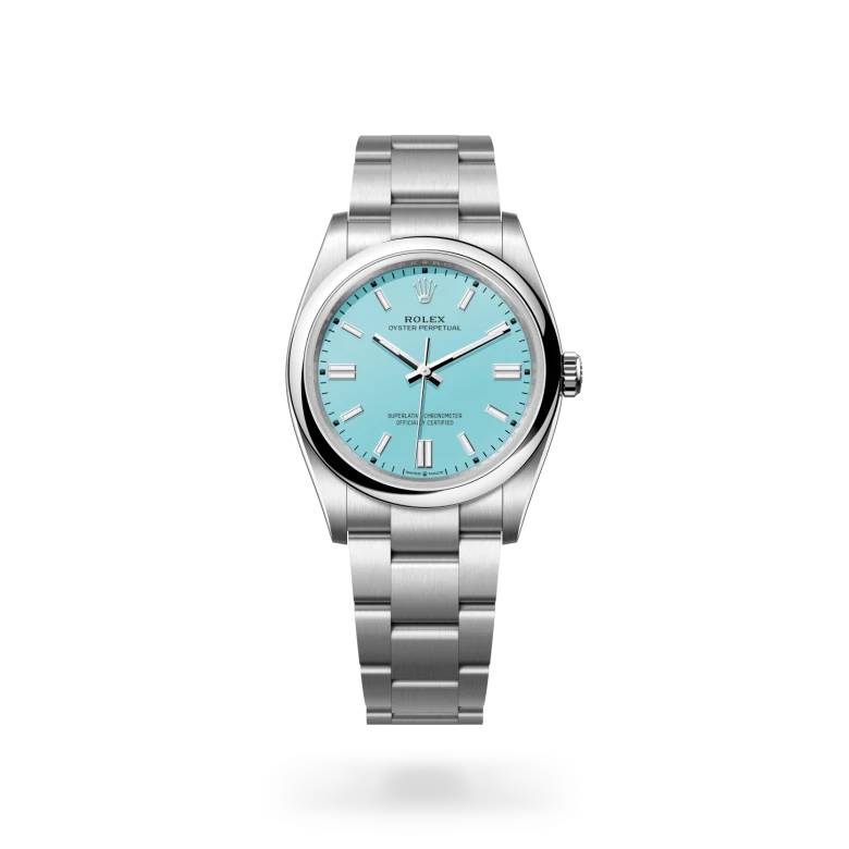 Rolex Oyster Perpetual 36 in Oystersteel with turquoise blue lacquer dial, domed bezel and Oyster bracelet