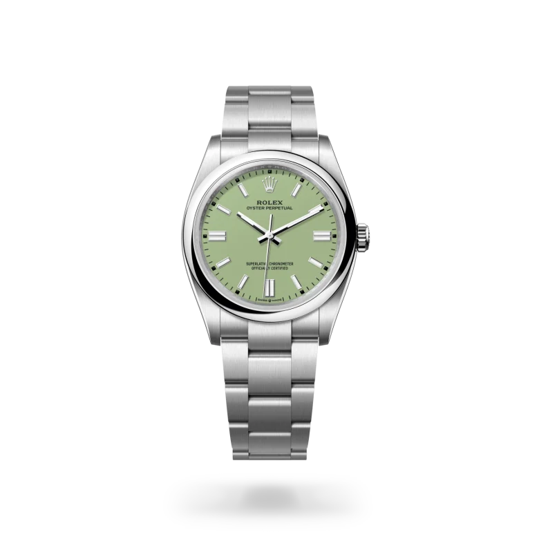 Rolex Oyster Perpetual 36 in Oystersteel with pistachio lacquer dial, domed bezel and Oyster bracelet