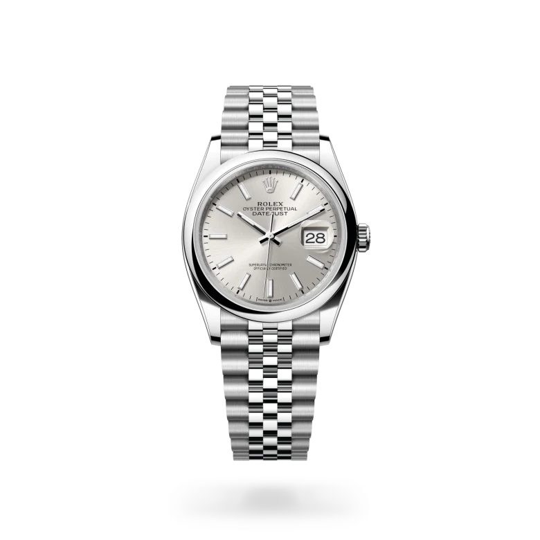 Rolex Datejust 36 in Oystersteel with silver sunray dial, domed bezel and Jubilee bracelet