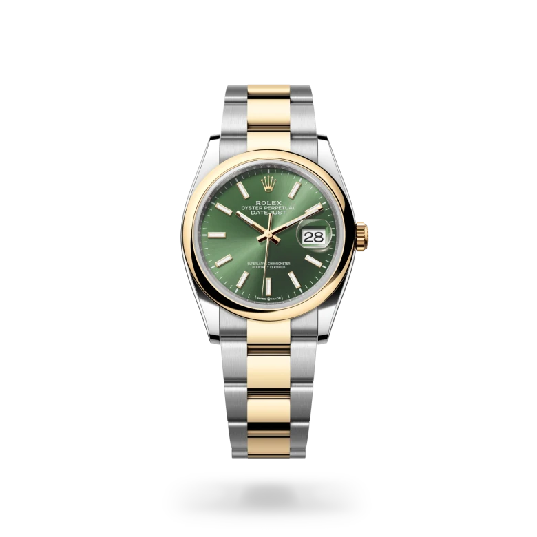 Rolex Datejust 36 in yellow Rolesor with olive green dial, index hour markers, smooth yellow gold bezel and Oyster bracelet