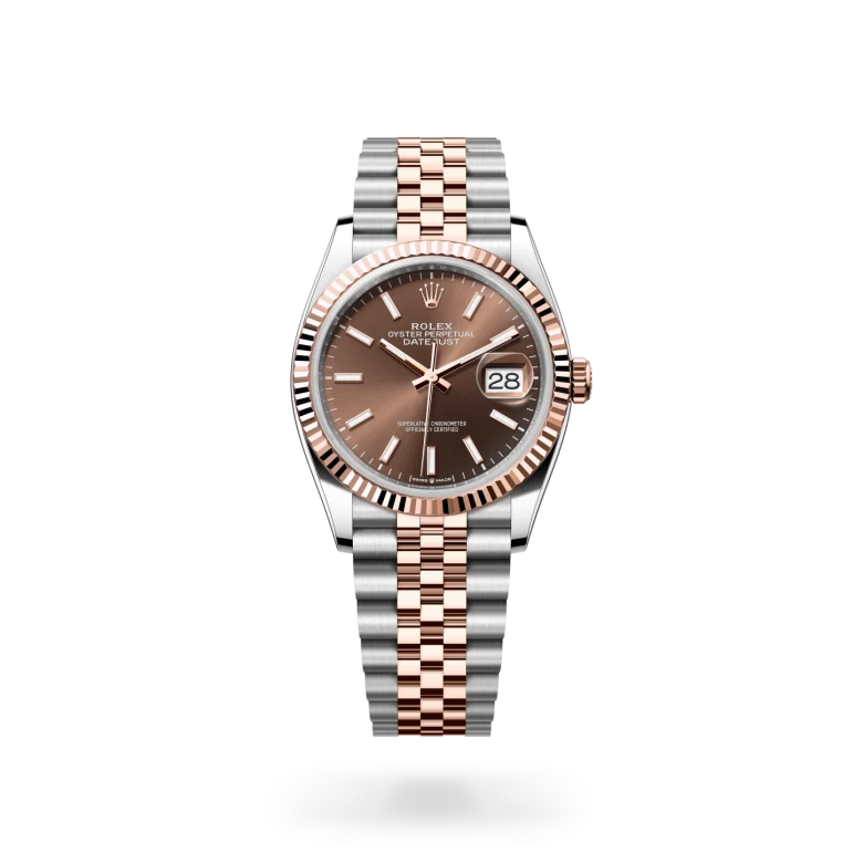Rolex Datejust 36 in Everose Rolesor with chocolate sunray dial, fluted Everose gold bezel and Jubilee bracelet