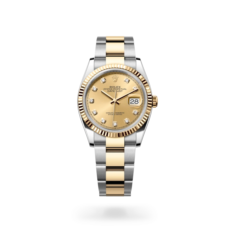 Rolex Datejust 36 từ vàng Rolesor với mặt số màu sâm panh, vành đồng hồ vàng kim khía cạnh, vạch giờ kim cương và dây đeo Oyster