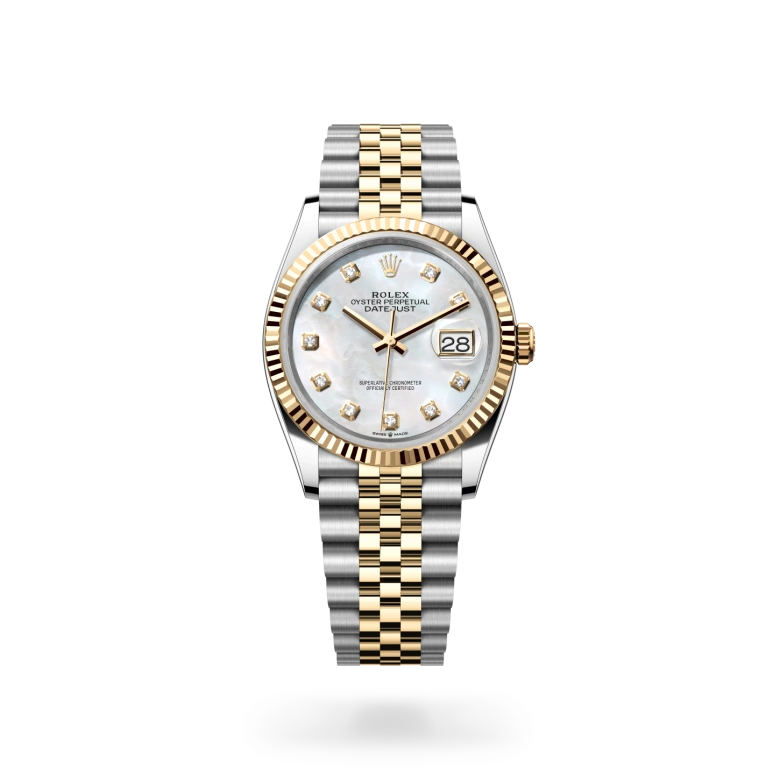 Rolex Datejust 36 từ vàng Rolesor với mặt số xà cừ màu trắng, vành đồng hồ bằng vàng kim khía cạnh, vạch giờ kim cương và dây đeo Jubilee
