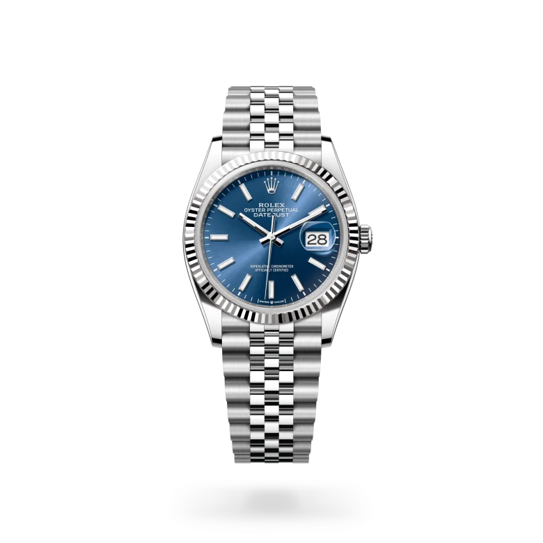 Rolex Datejust 36 in white Rolesor with bright blue sunray dial, fluted white gold bezel and Jubilee bracelet