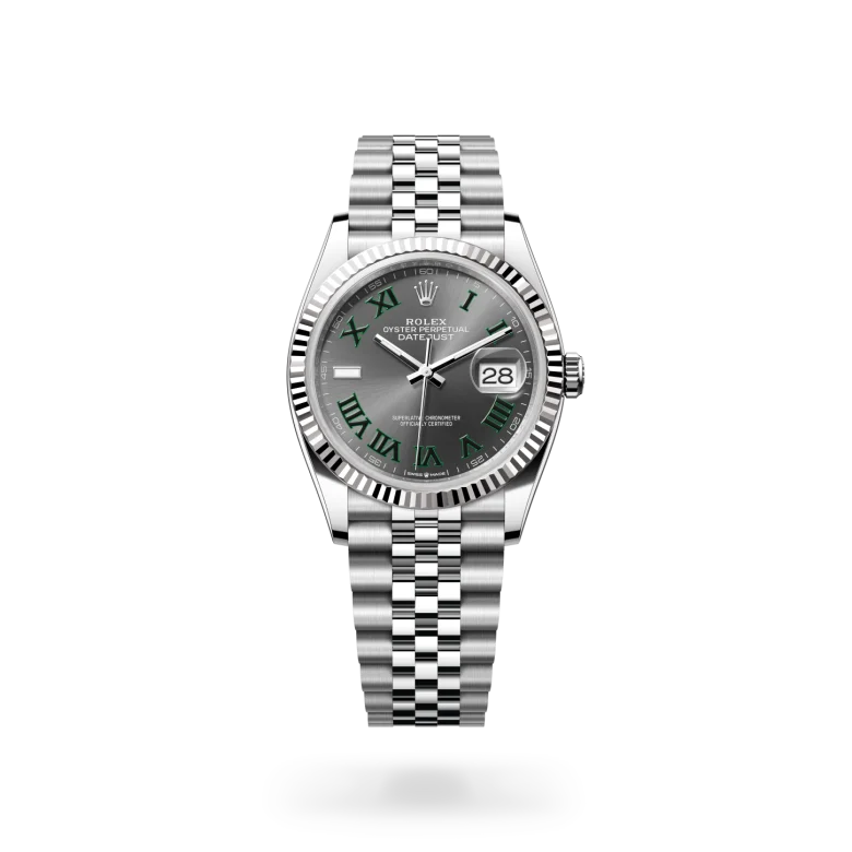 Rolex Datejust 36 từ vàng trắng Rolesor với mặt số chải tia bằng đá phiến, vành đồng hồ bằng vàng trắng khía cạnh và dây đeo Jubilee