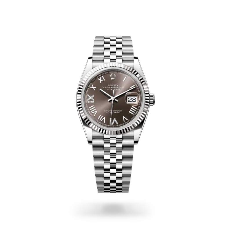 Rolex Datejust 36 in white Rolesor with dark brown dial, Roman numeral markers, diamond-set VI, fluted white gold bezel and Jubilee bracelet