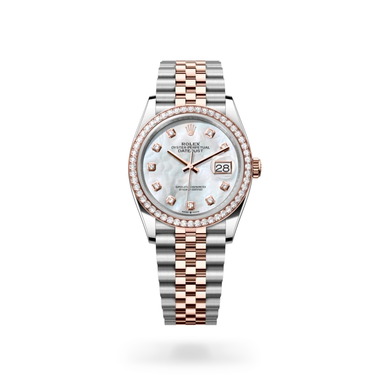 Rolex Datejust 36 in Everose Rolesor with white mother-of-pearl dial, diamond-set bezel, diamond hour markers and Jubilee bracelet