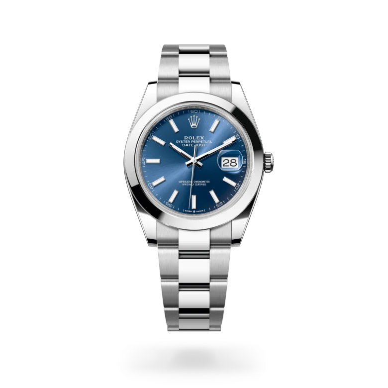 Rolex Datejust 41 in Oystersteel with bright blue sunray dial, smooth bezel and Oyster bracelet