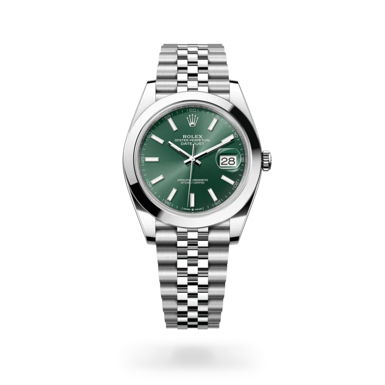 Rolex Datejust 41 in Oystersteel with mint green sunray dial, smooth bezel and Jubilee bracelet