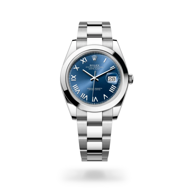 Rolex Datejust 41 in Oystersteel with blue dial, Roman numeral hour markers, smooth bezel and Oyster bracelet