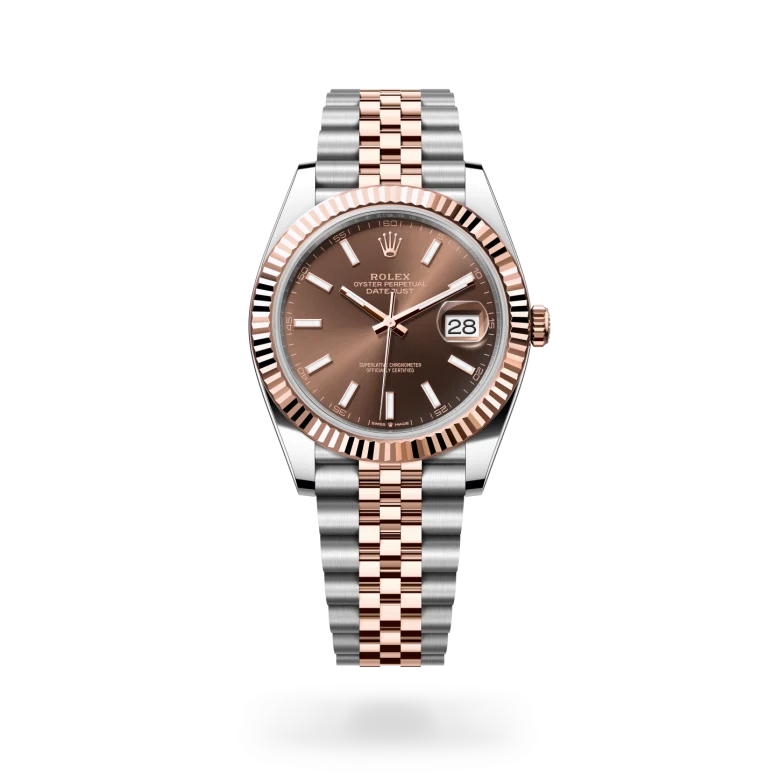 Rolex Datejust 41 in Everose Rolesor with chocolate sunray dial, fluted Everose gold bezel and Jubilee bracelet