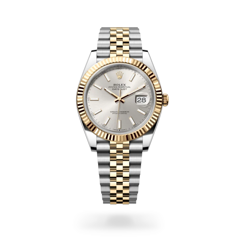 Rolex Datejust 41 in yellow Rolesor with silver sunray dial, fluted yellow gold bezel and Jubilee bracelet