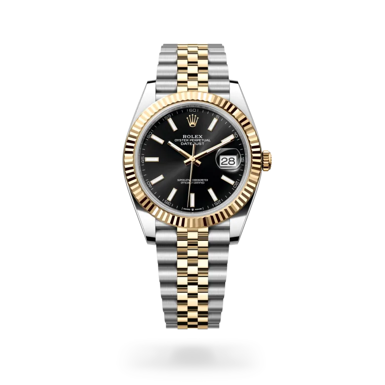 Rolex Datejust 41 in yellow Rolesor with bright black sunray dial, fluted yellow gold bezel and Jubilee bracelet