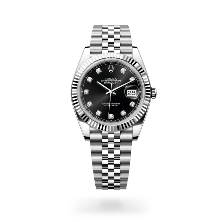 Rolex Datejust 41 in white Rolesor with bright black dial, fluted white gold bezel, diamond hour markers and Jubilee bracelet