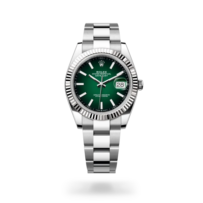 Rolex Datejust 41 in white Rolesor with green dial, index hour markers, fluted white gold bezel and Oyster bracelet
