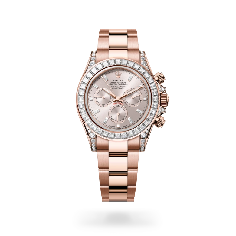 rolex cosmograph daytona in 18 ct everose gold with lugs set with diamonds, m126595tbr-0001 - dafc
